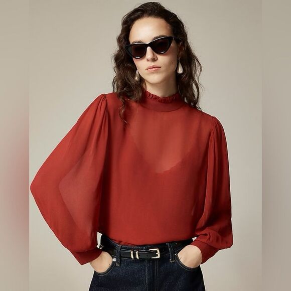 NWT J CREW Ruffleneck top in chiffon in red - Picture 2 of 7